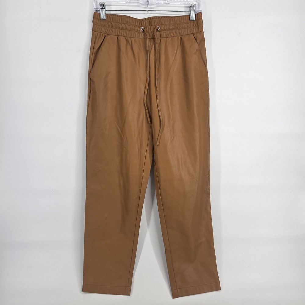 LOFT Faux Leather Joggers Size S Brown Elastic Waist Pockets Chic Minimalist